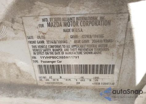 2006 Mazda Mazda6 I Sport из США, поврежденный, VIN 1YVHP80CX65M11791